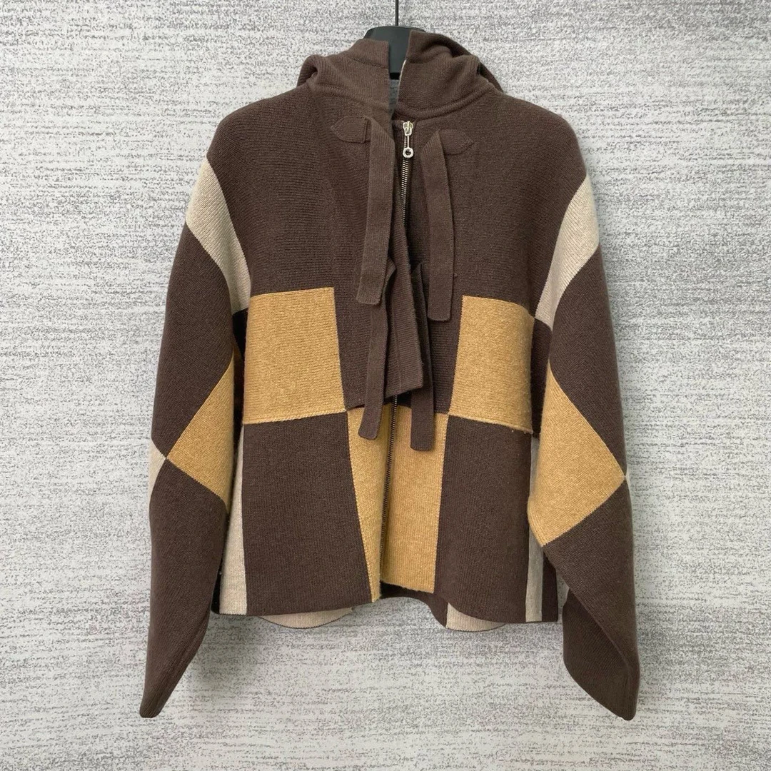 未使用 Hermes/爱马仕 A100591/美拉德撞色连帽针织外套/34码
