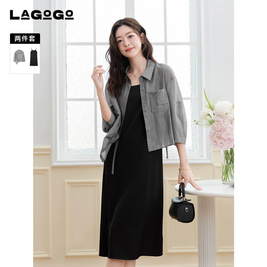 lagogo拉谷谷2025年新款气质系带连衣裙两件套女OALL834E31