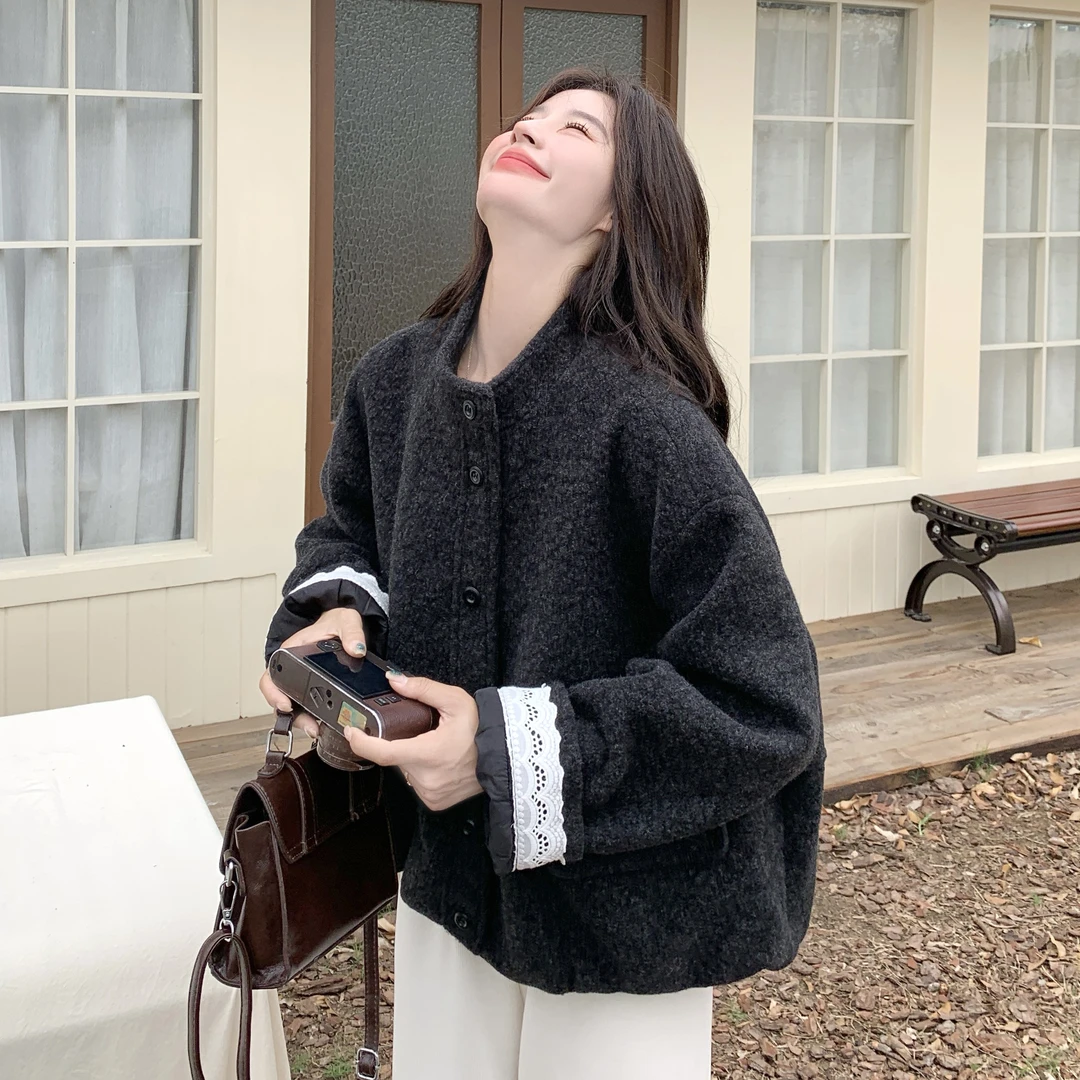 黑色短款蕾丝花边拼接立领毛呢外套女2025冬季小个子显瘦呢子上衣