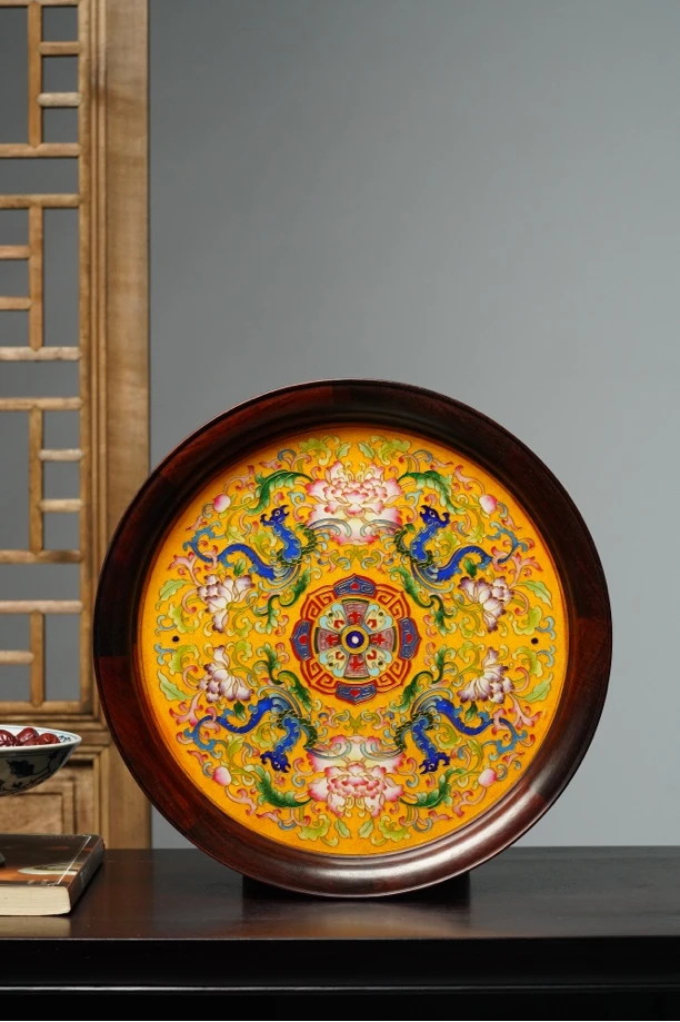 新·老挝大红酸枝故宫景泰蓝圆盘30.30.3cm