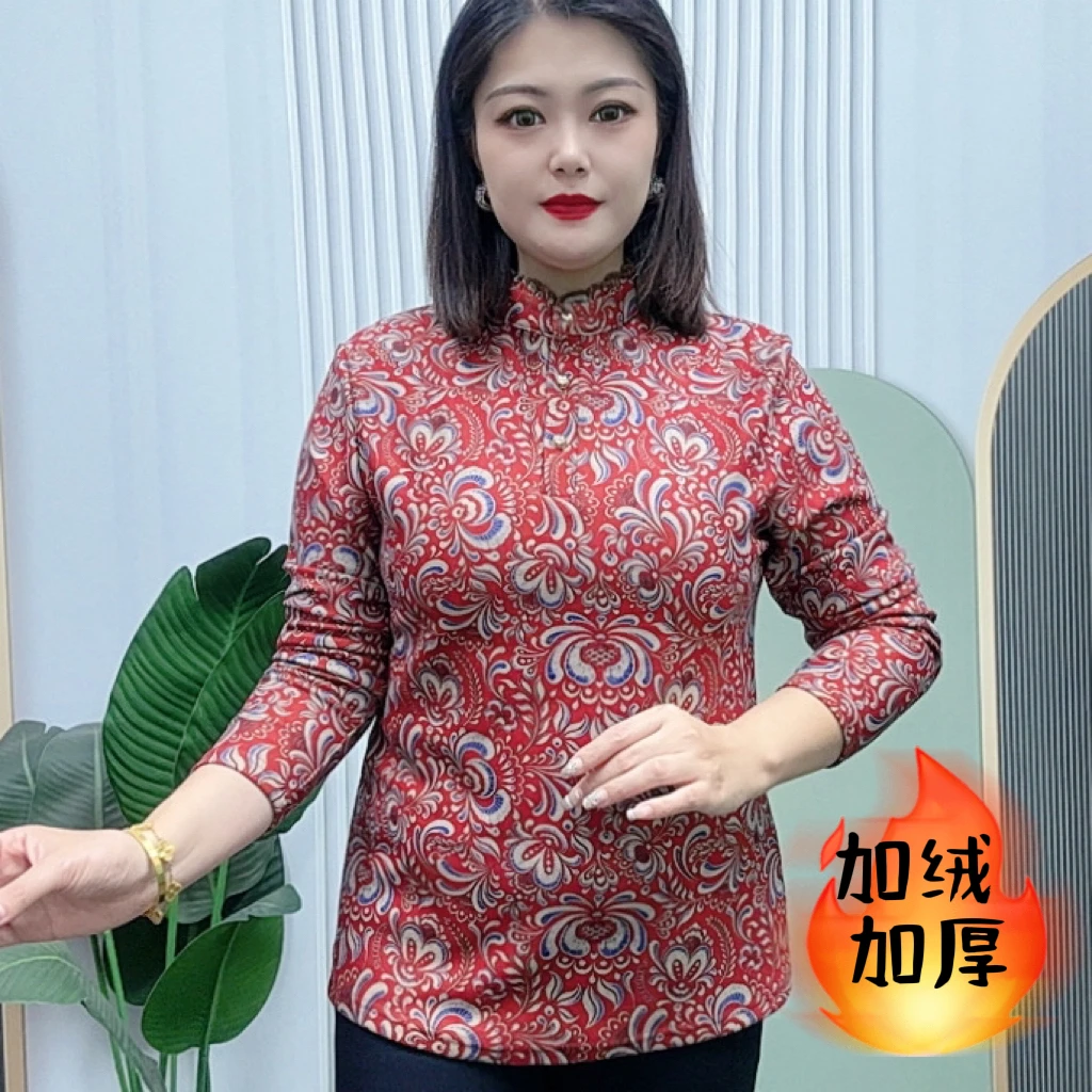 2196秋冬妈妈装加绒加厚复古T恤长袖半高领印花中老年保暖上衣