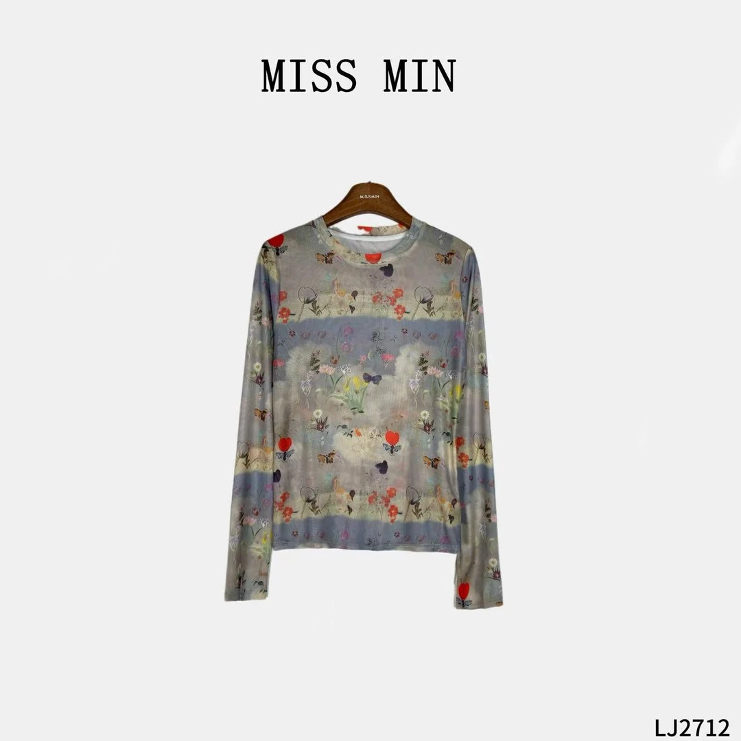 MISS MIN 【幻彩花漾】亲肤凉感洋气衣服女网纱防晒衫印花T恤LJ2712