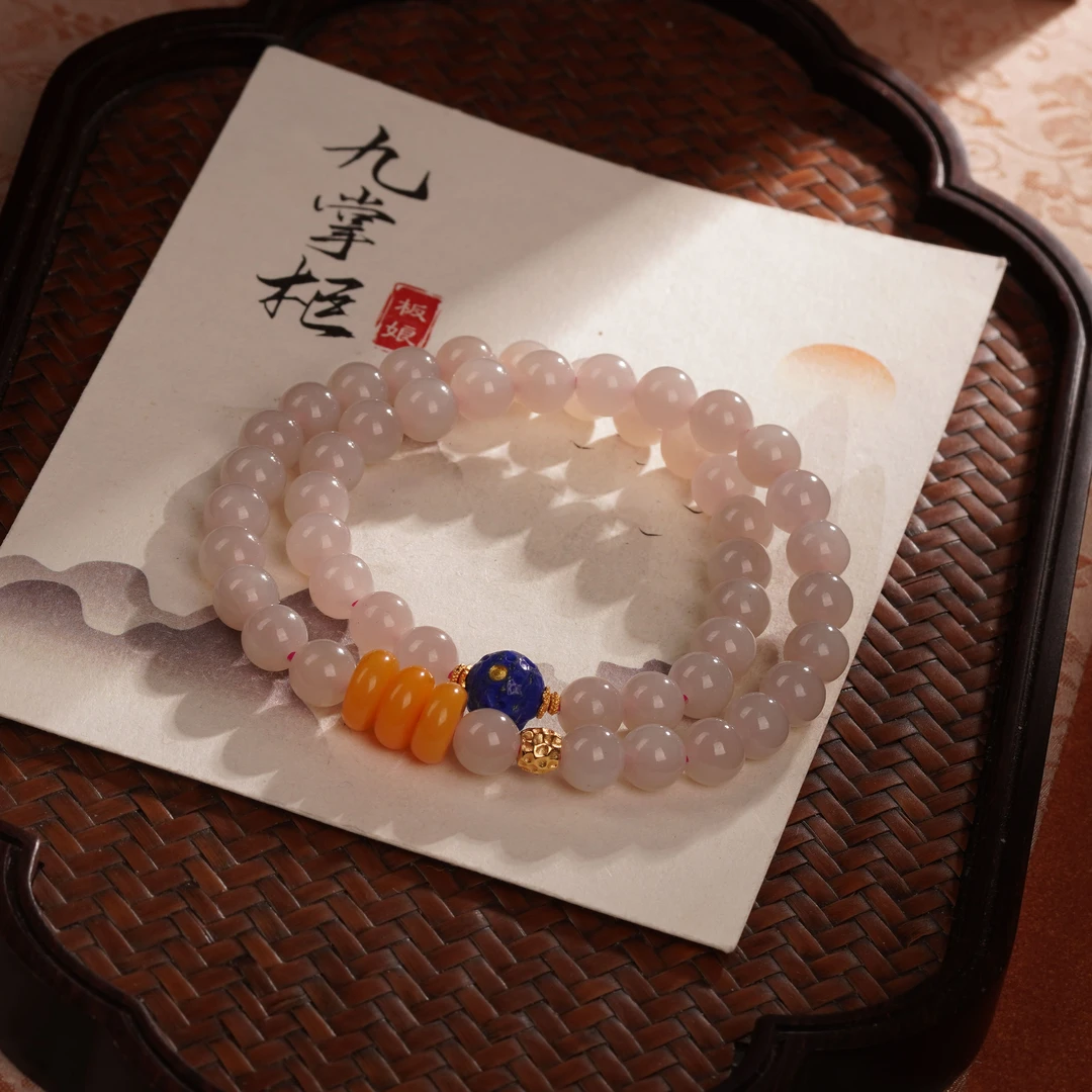 天然和田玉藕粉双圈手串——多样性发其一约8mm【JJ245】