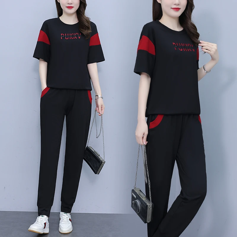 2025夏季新款休闲运动套装女时尚绣花大码卫衣拼接冰丝罗马两件套