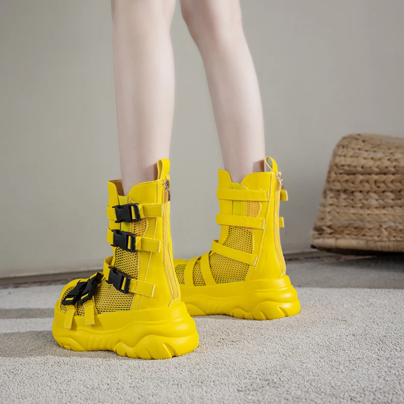 网面透气厚底凉靴女2025新款夏季薄款增高松糕镂空黄色真皮马丁靴