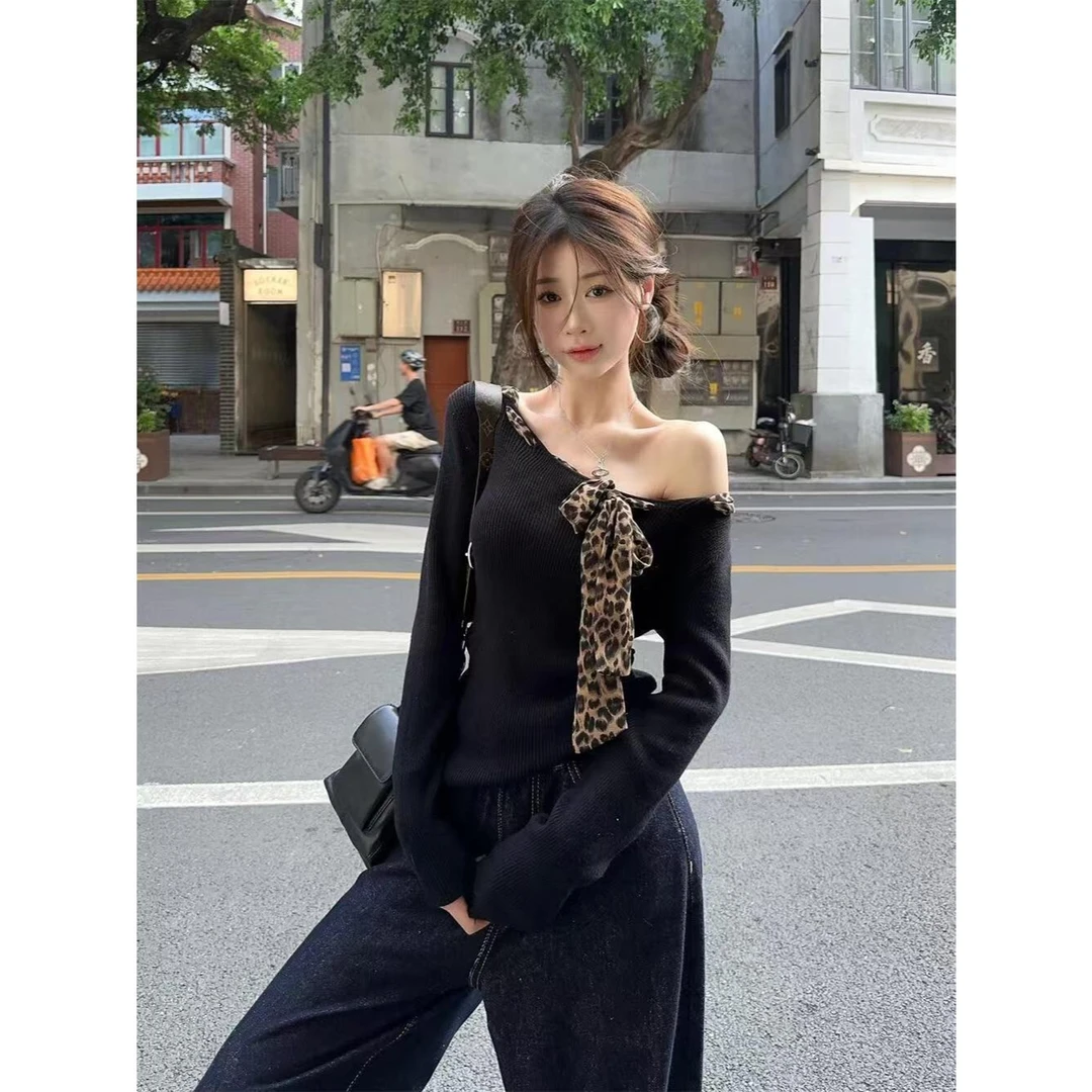 复古设计chic韩版显瘦斜肩2025新款修身内搭女慵懒气质长袖上衣女