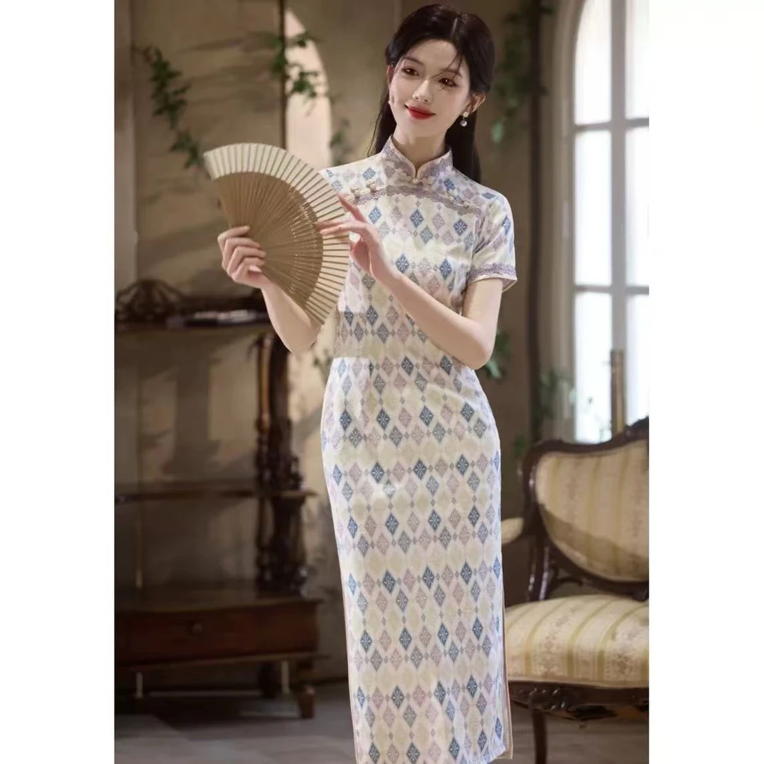 9028 紫色 菱形 美玲襟 旗袍