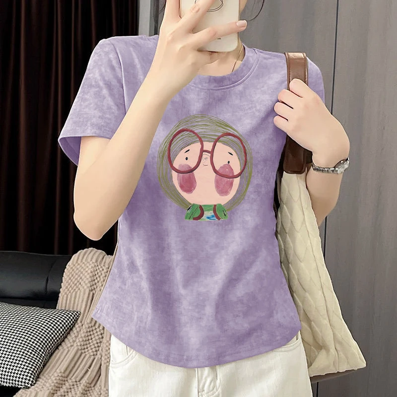 大码洋气遮肉设计感t恤女夏季圆领2025新款弧形纯棉半袖扎染上衣