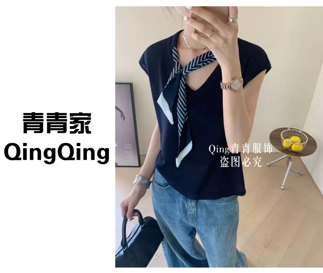 青青家  夏季新款V邻韩版休闲时尚+丝巾小衫-2501