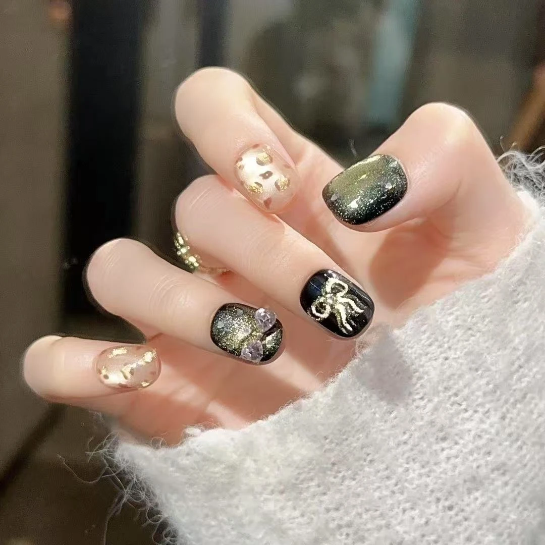 【豹富千金】黑金猫眼 豹纹蝴蝶结氛围感千金纯手工穿戴甲 气质款