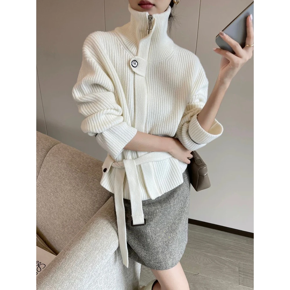米白色高领拉链针织开衫女冬季2025新款加厚绑带软糯毛衣
