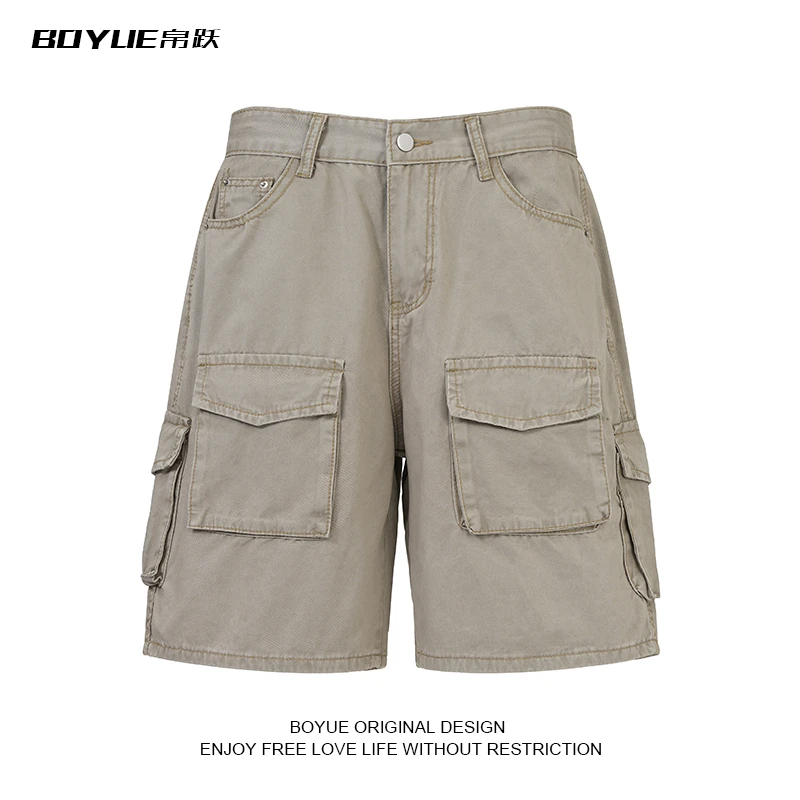 BOYUE帛跃美式工装多口袋短裤男女夏季街头复古宽松阔腿休闲短裤