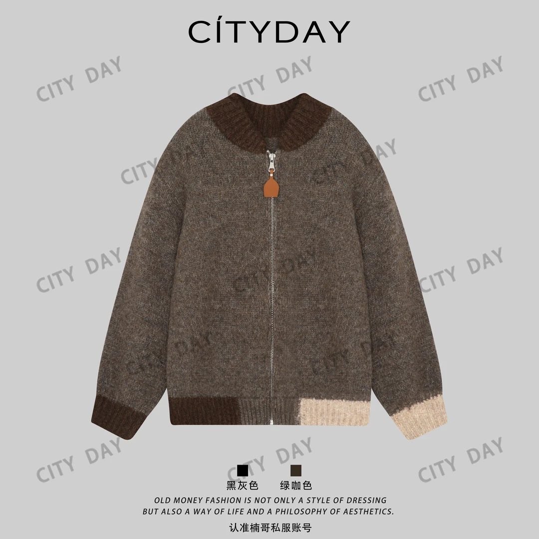 CityDay【楠哥】羊毛混纺拼色针织复古棒球夹克撞色外套 026