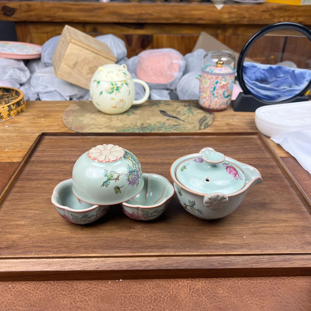 汝窑牡丹旅行家用便携快客杯一壶三杯户外随身汝窑开裂开片工艺