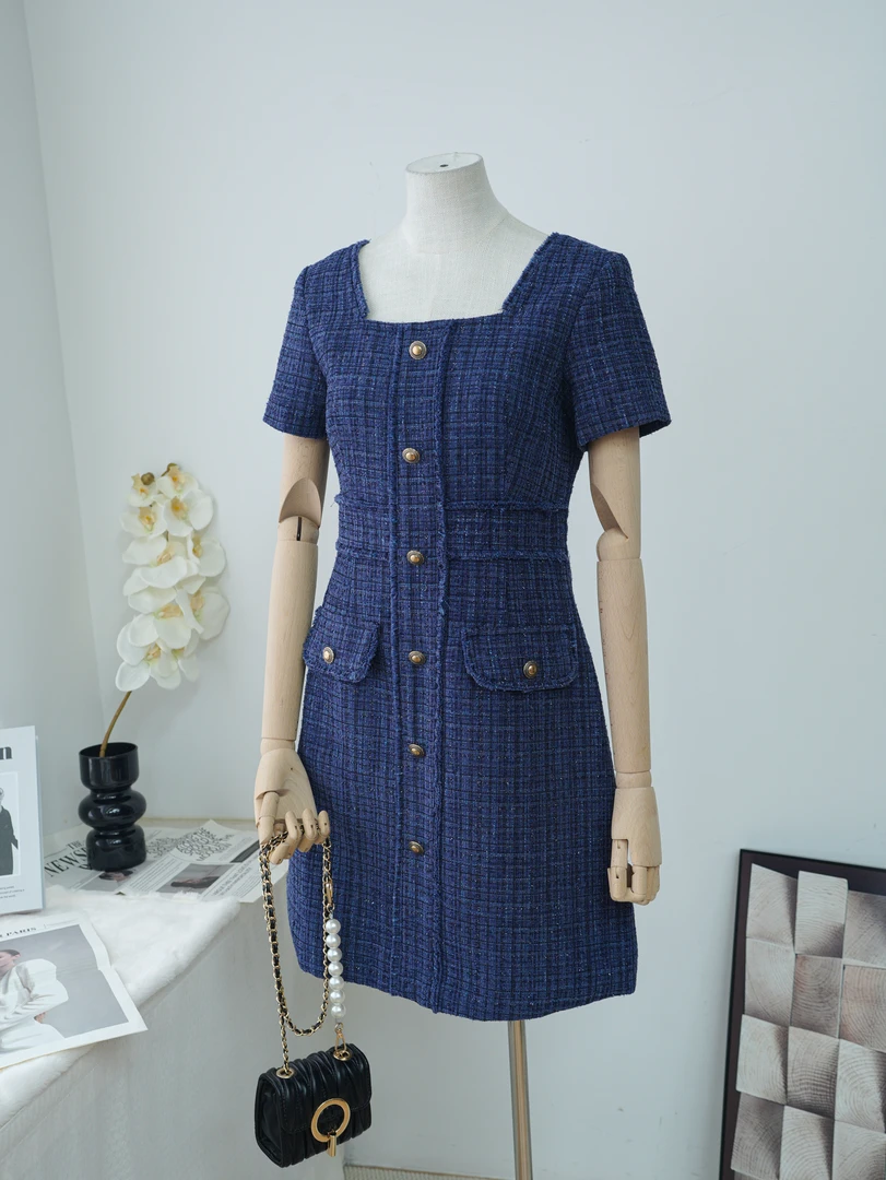 2025小香风碎花蓝色女装连衣裙短袖显瘦连衣裙子时尚女夏款A75688