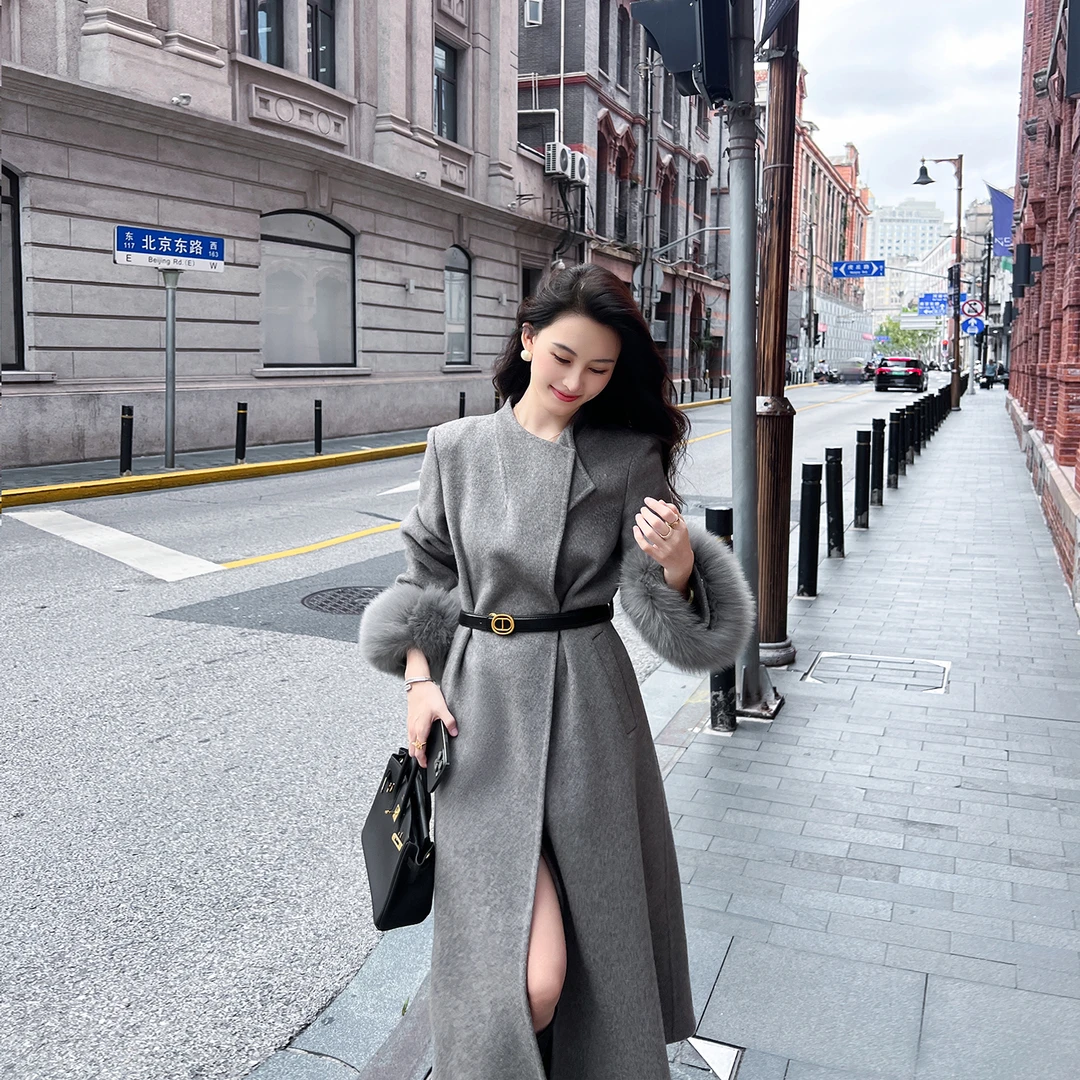 灰色袖口狐狸毛双面羊绒大衣女2025冬季新款韩系高端气质毛呢外套
