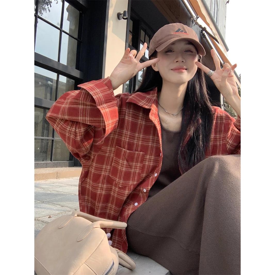 春秋百搭韩版新款复古港味磨毛格子叠穿宽松休闲长袖衬衫女上衣