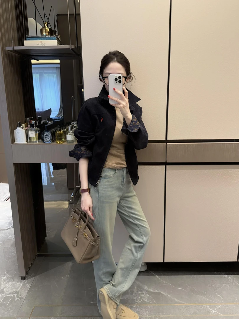 黑色立领短款外套女2025新款上档次独特超好看上衣搭配牛仔裤套装