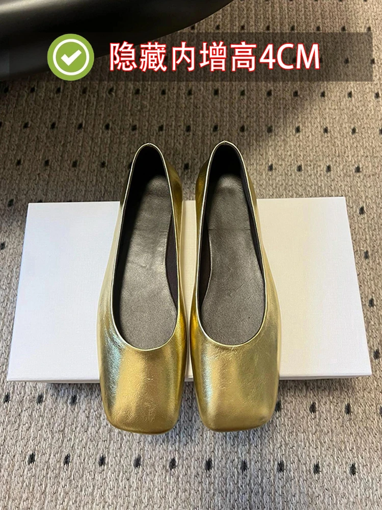 啤梨~row风金色方头浅口一脚蹬奶奶玛丽珍单鞋女平底内增高女鞋子