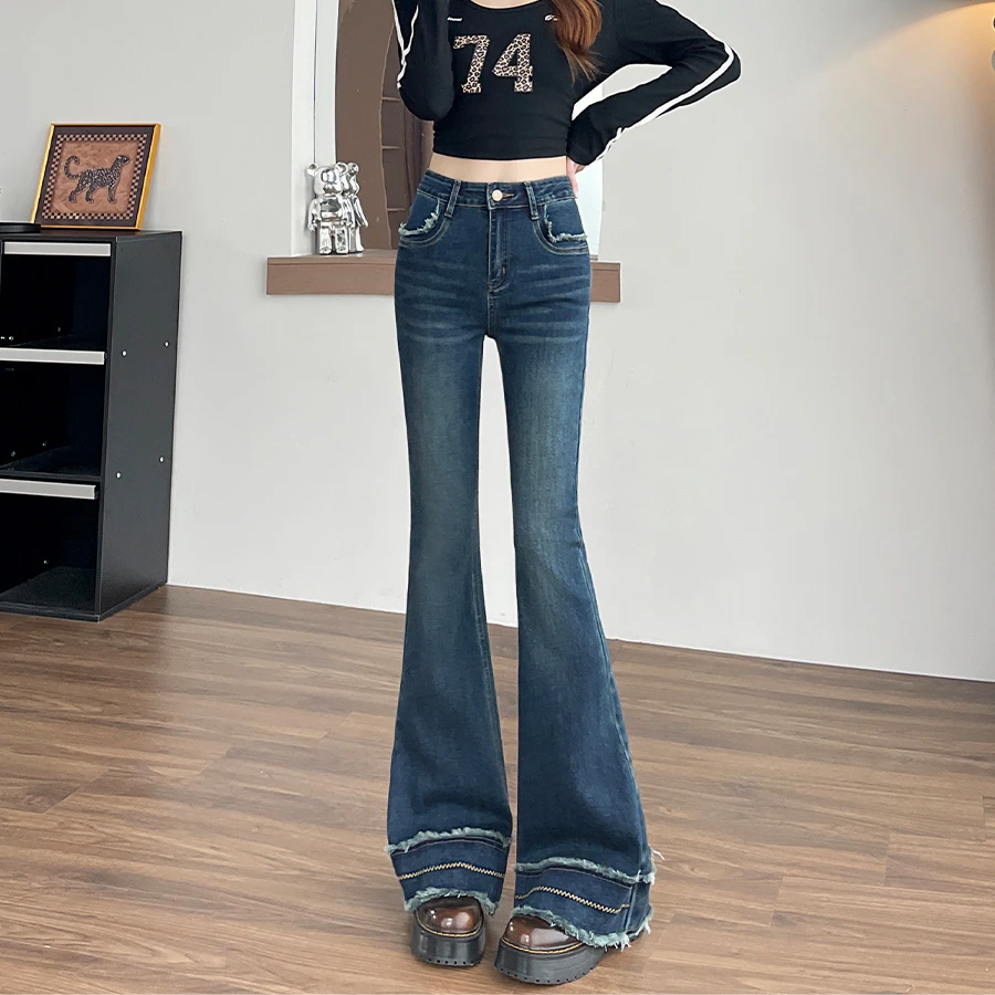 毛边拼接刺绣微喇叭牛仔裤女春秋季新款紧身显瘦修身弹力喇叭长裤