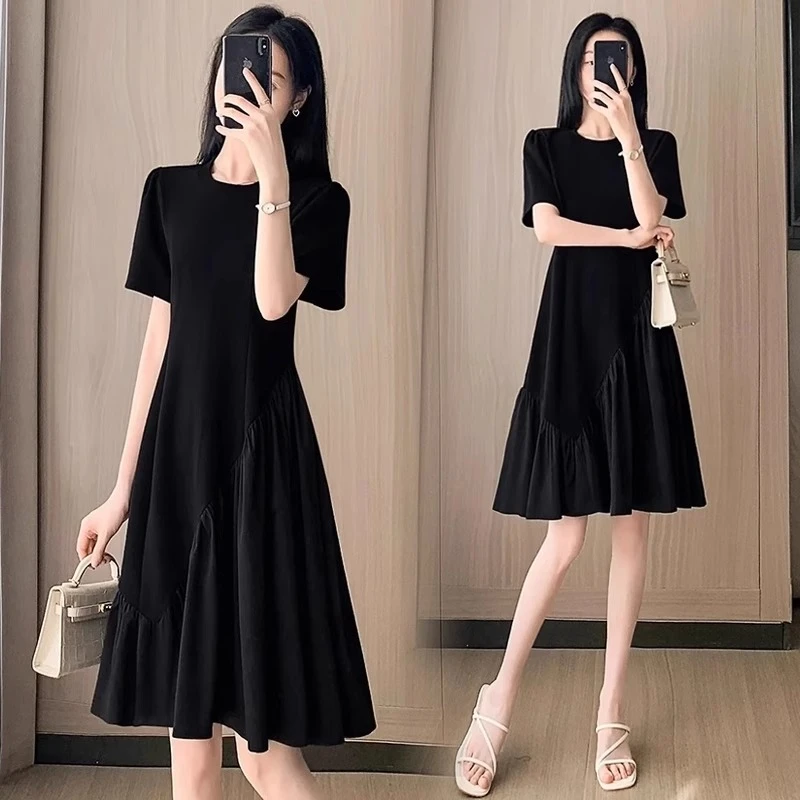 夏季新款显瘦小个子法式赫本风黑色连衣裙女气质a字裙减龄中长裙
