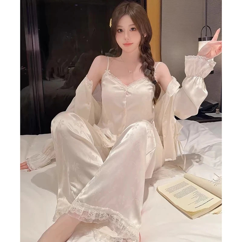 春夏新款提花吊带带杯垫三件套牛奶丝睡衣甜美亲肤长袖长裤1847