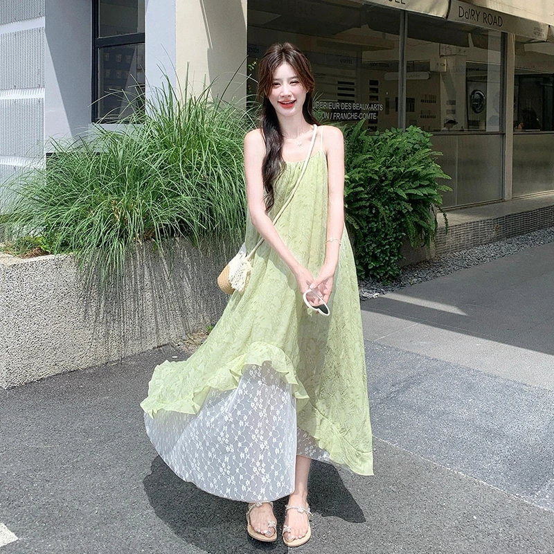 小众设计感法式气质绿野仙踪印花雪纺拼接花边连衣裙温柔风夏季