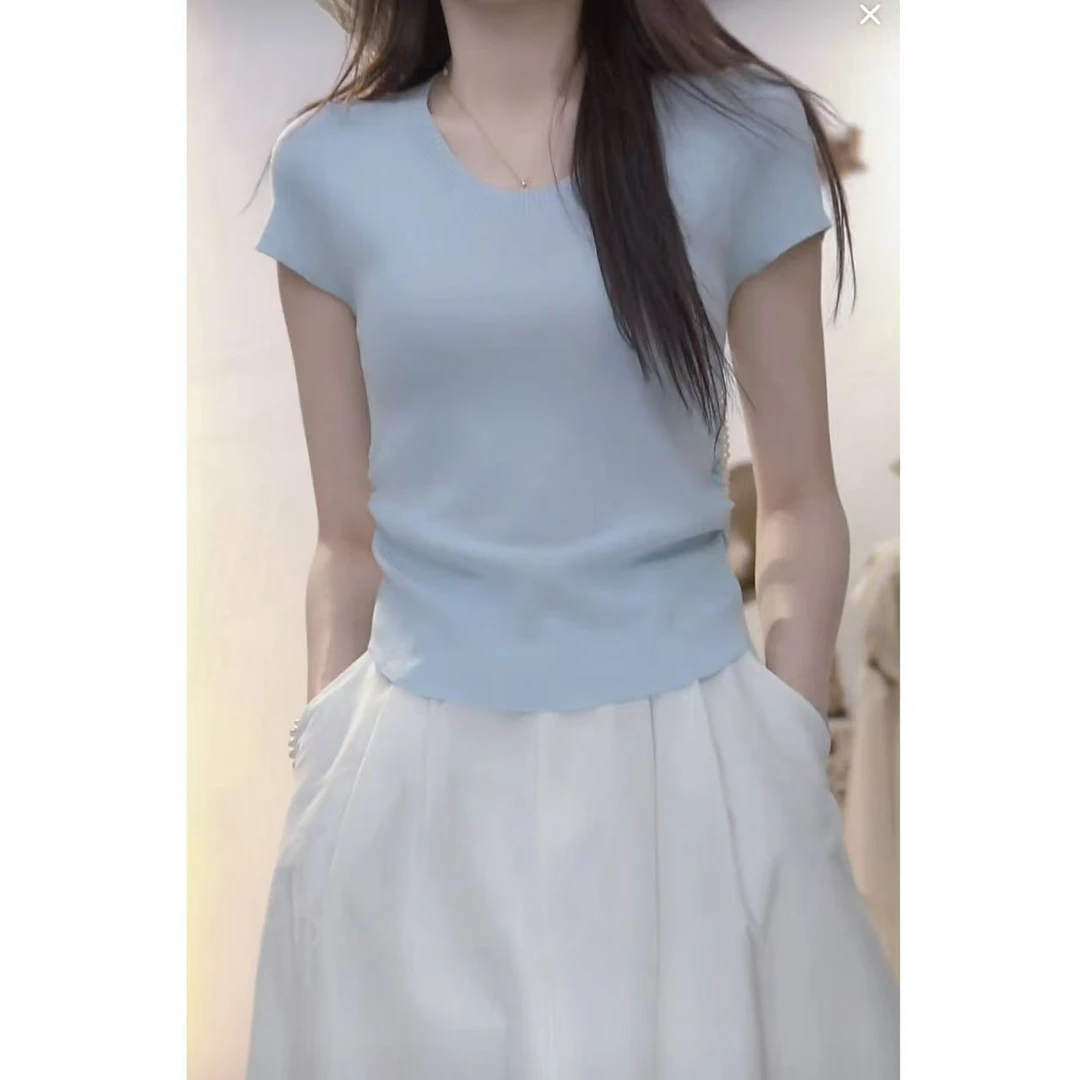 朵以2025夏季新款时尚休闲百搭U领抽褶短袖套头针织衫40VX548071