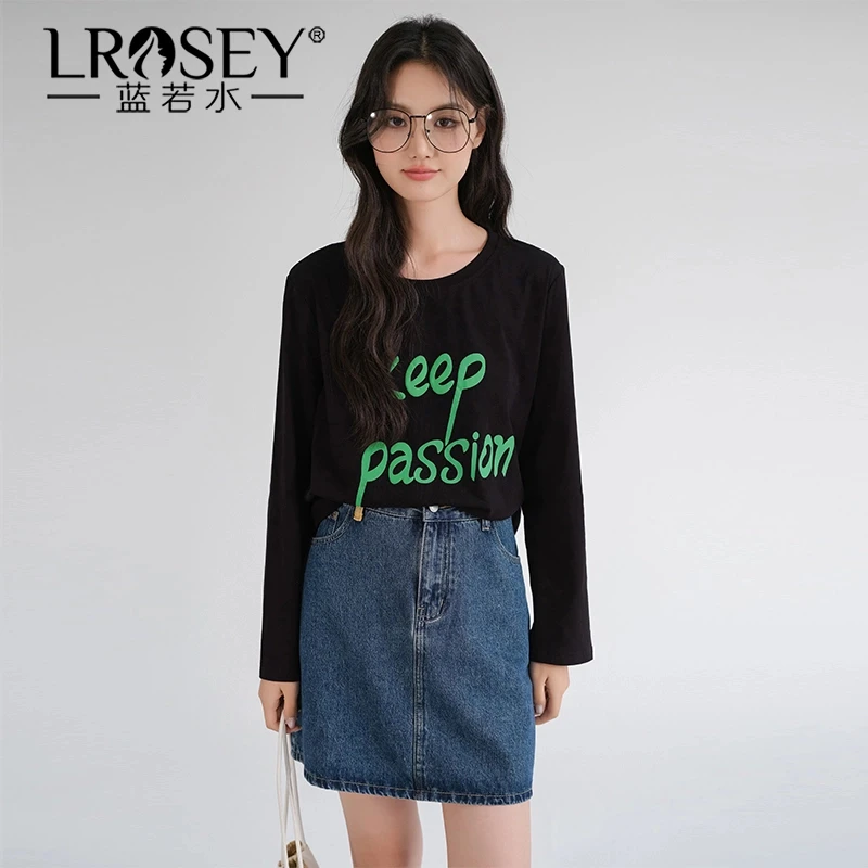 Lrosey/蓝若水大码女装字母印花宽松上衣休闲打底衫美式T恤86325
