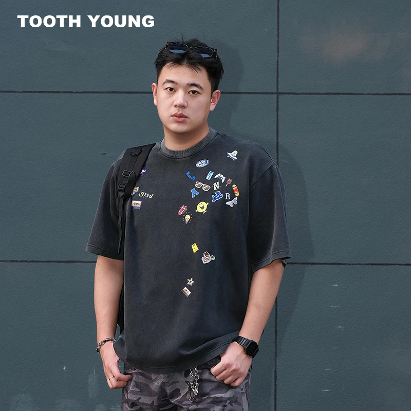 TOOTH YOUNG【肤感印花T恤】280g水洗做旧宽松夏季男休闲短袖