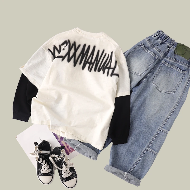 吴小越w1078男童春装圆领套头数码印花棉t恤长袖中大童儿童打底衫