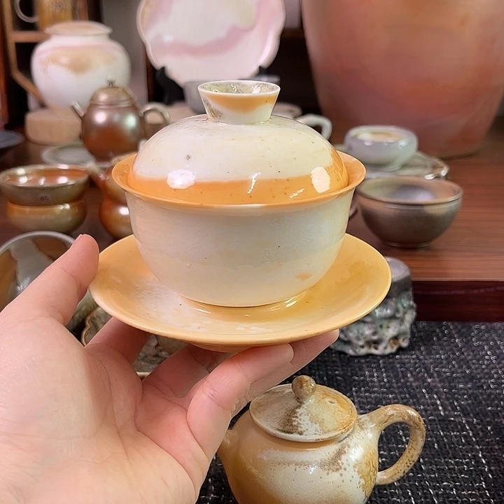 志野烧元宝三才盖碗