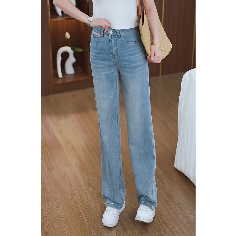 浅色直筒牛仔裤女夏季2025新款高腰显瘦刺绣窄版直筒冰丝阔腿裤子