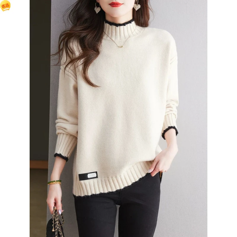 大码半高领羊毛衫女冬季宽松加肥针织打底衫时尚内搭毛衣