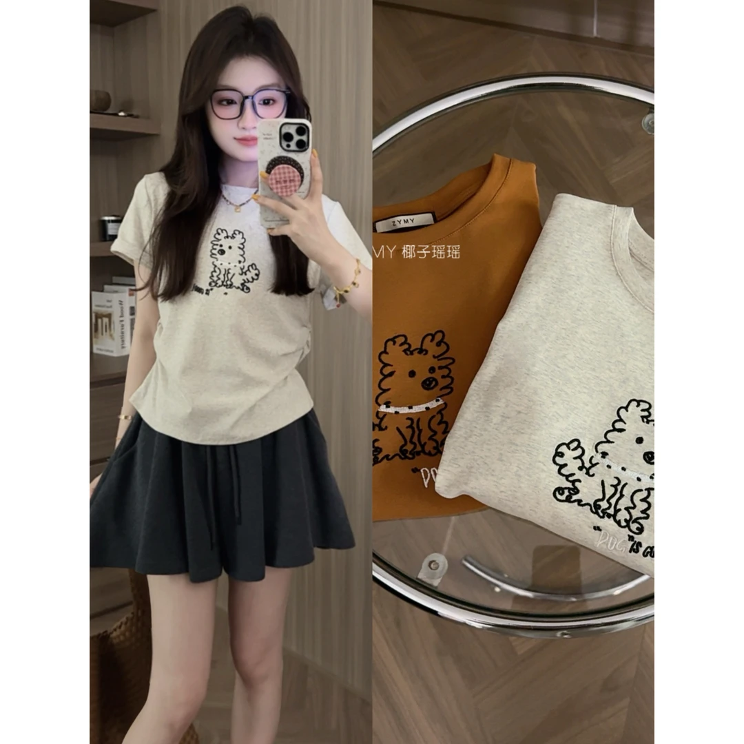 【卷毛小狗】版型很好的圆领正肩收腰显瘦刺绣小狗图案T恤短袖上衣