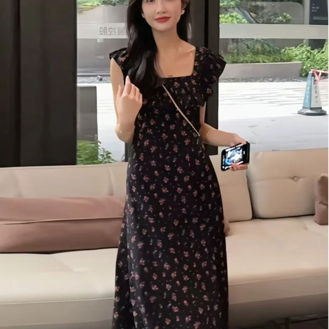 法式小飞袖碎花连衣裙夏季无袖背心裙超好看气质收腰a字高腰长裙