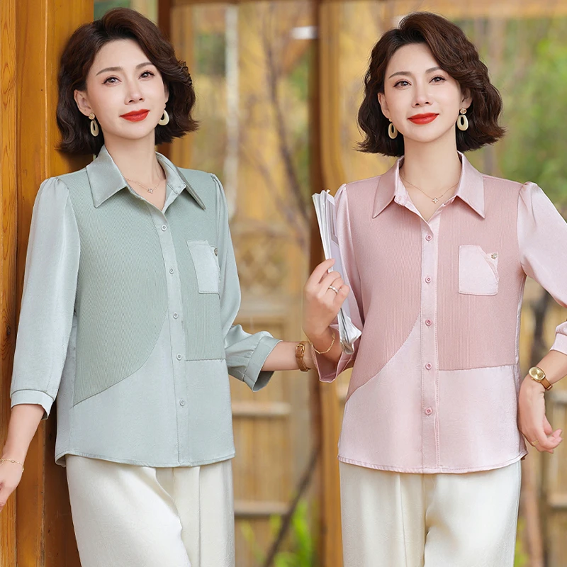 中年长袖时尚常规夏装中老年女装衬衫薄款宽松型显瘦女装衬衣