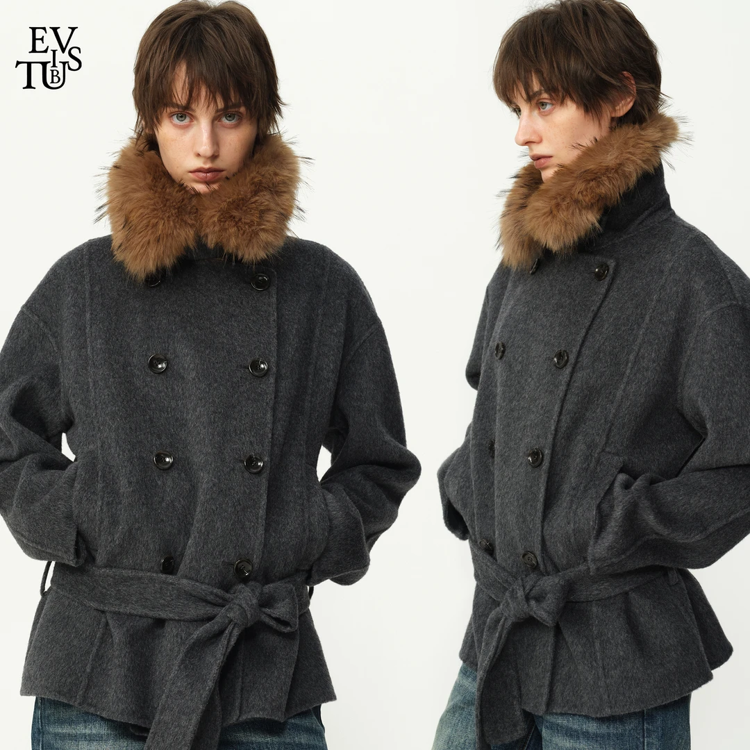 EVISTUB 100%绵羊毛双排扣廓形茧形双面呢大衣女冬