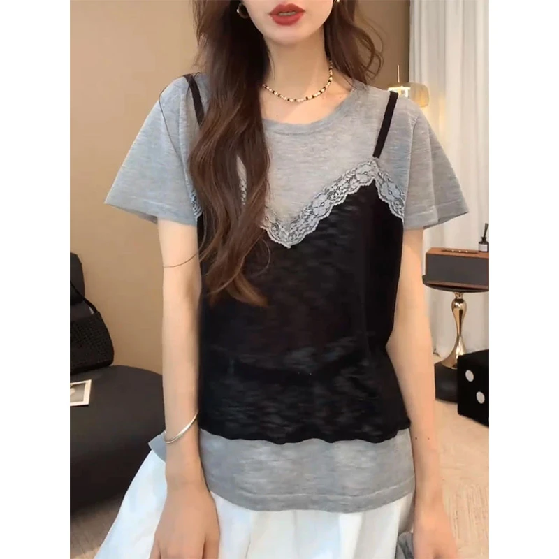 欧货复古蕾丝假两件撞色T恤女2025夏季新款短袖圆领套头显瘦上衣
