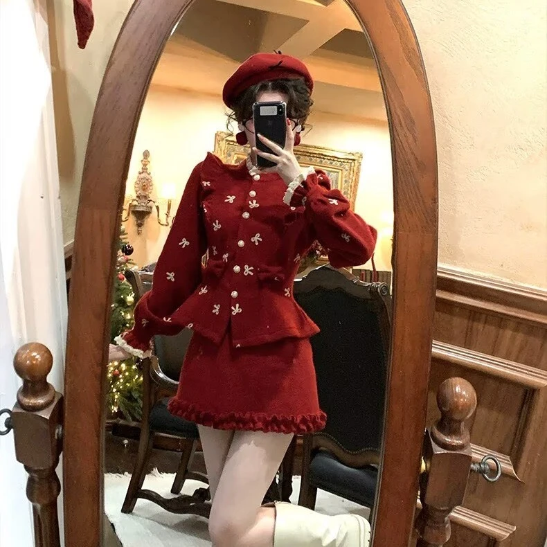 大码女装小香风套装裙秋冬新款蝴蝶结荷叶边毛呢外套半身裙两件套