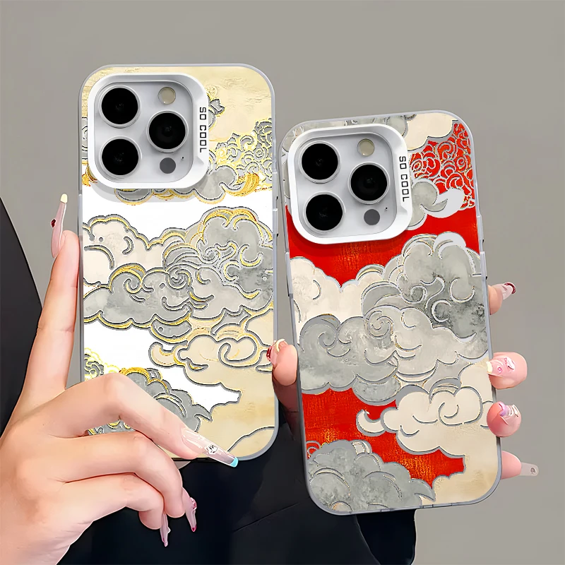 BANCA金边红色祥云彩银适用苹果16/15手机壳华为P70oppo小米vivo
