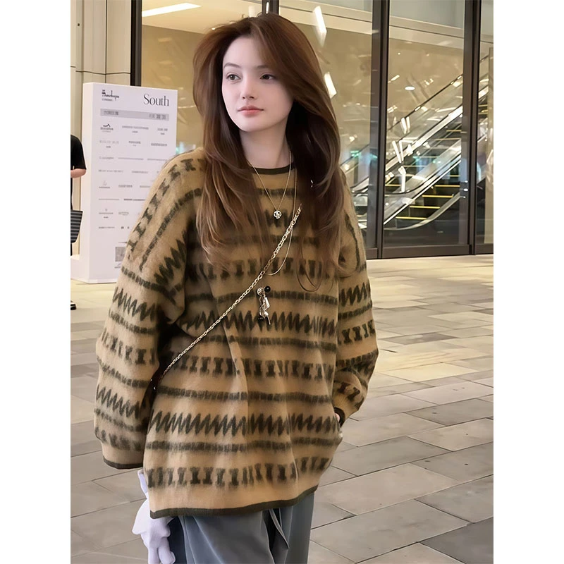复古菱格提花毛衣女秋冬外穿新款宽松慵懒风软糯针织衫高级感上衣