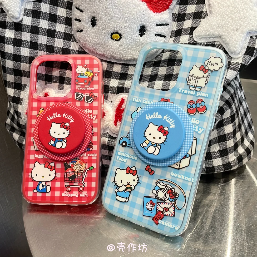 卡通红格纹Kitty小推车磁吸支架适用iPhone16/15/14/13双层保护套