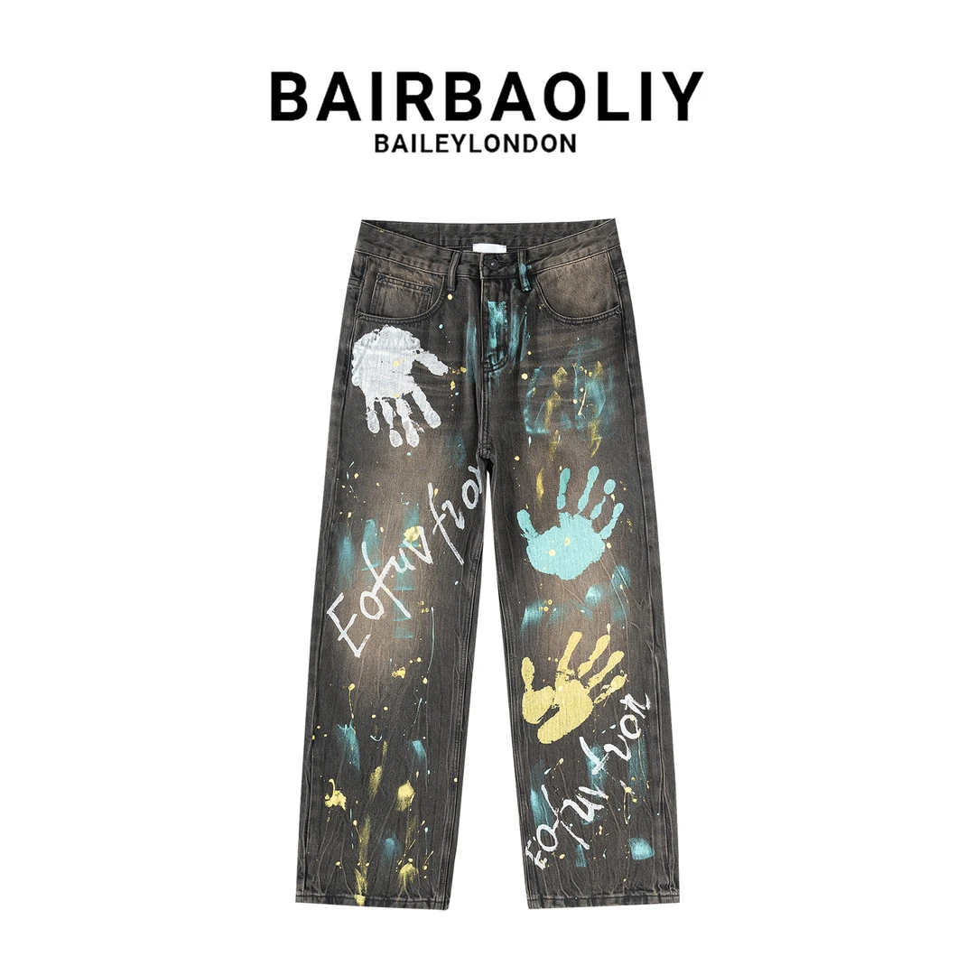 BAIRBAOLIY谢霆锋进化演唱会同款涂鸦泼墨牛仔裤微宽松直筒裤男装
