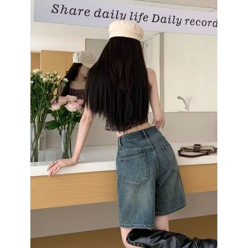 FAV MARTHA复古水洗直筒牛仔短裤女高腰显瘦宽松做旧中裤夏季薄款