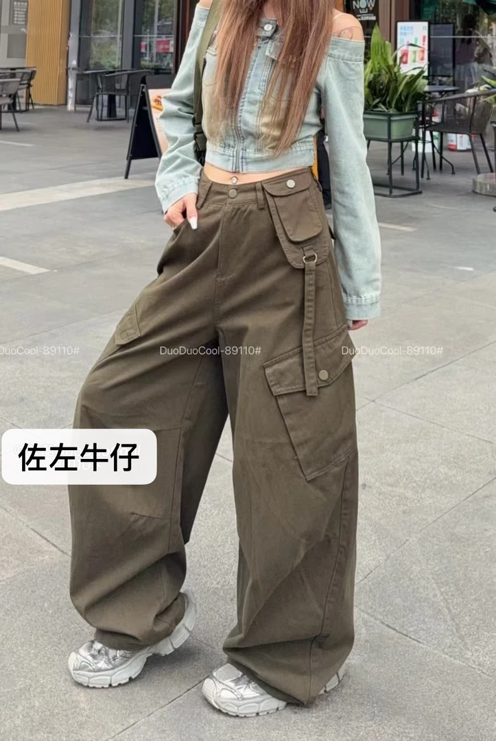 秋季高腰宽松阔腿时尚直筒设计感美式工装休闲弯刀女裤