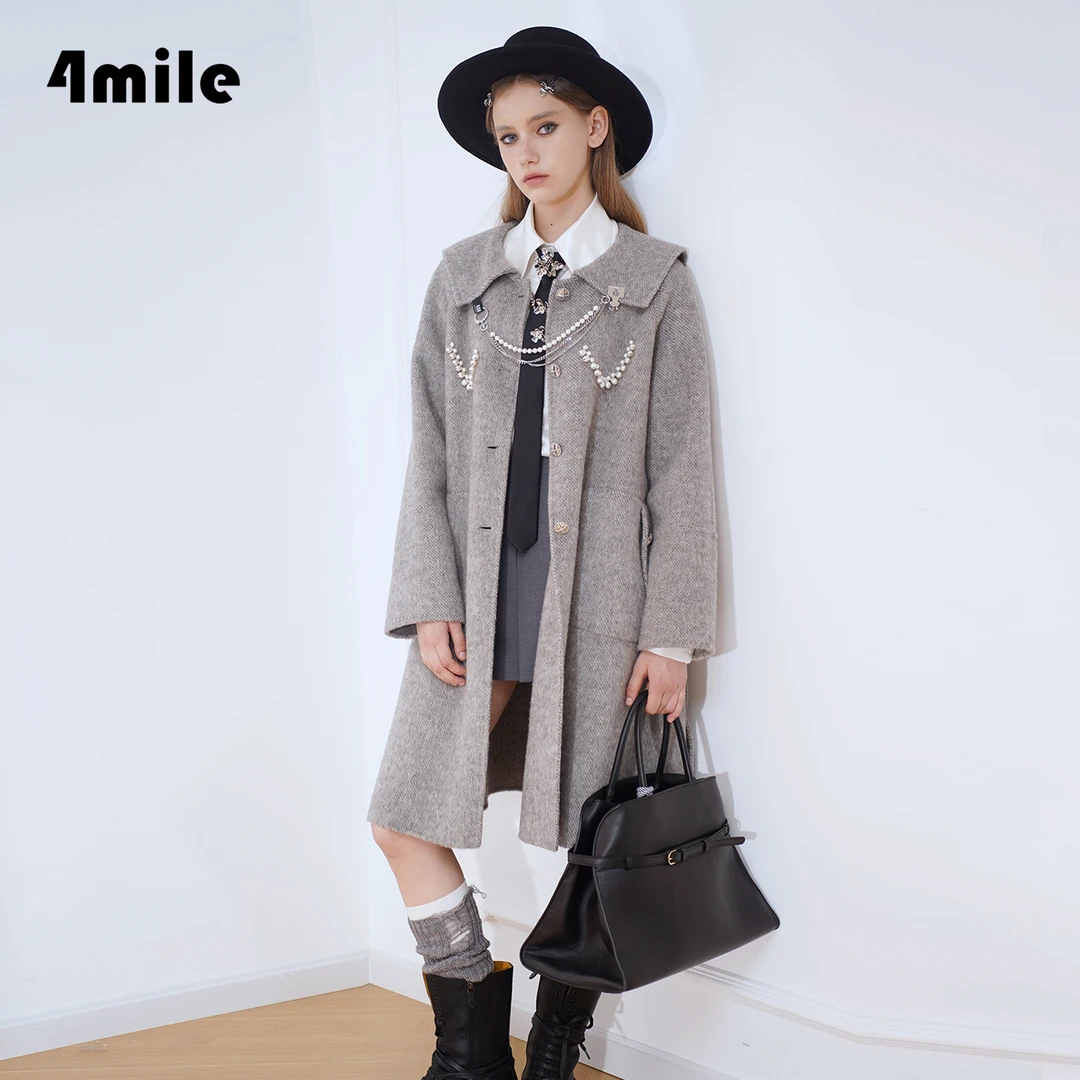 4MILE珠珠女孩双面羊驼毛秋冬长款娃娃领高级灰色大衣jk气质学院