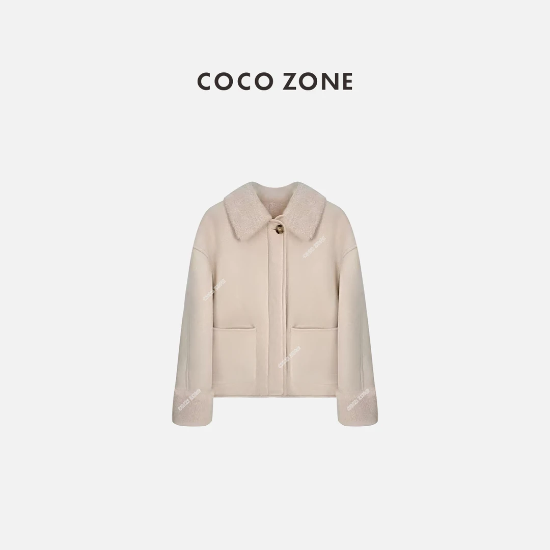 COCO ZONE 刘一一 100绵羊毛冬季颗粒绒翻领保暖外套CC2D3402