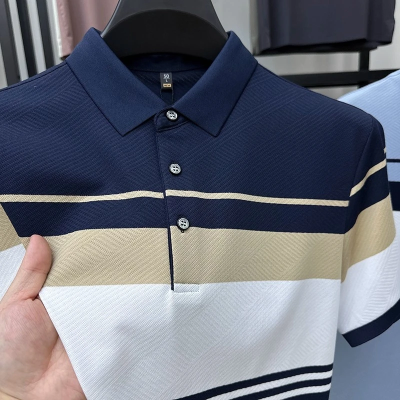 VIATEMSIARY夏季新款男士冰丝短袖t恤商务休闲保罗拼色条纹Polo衫