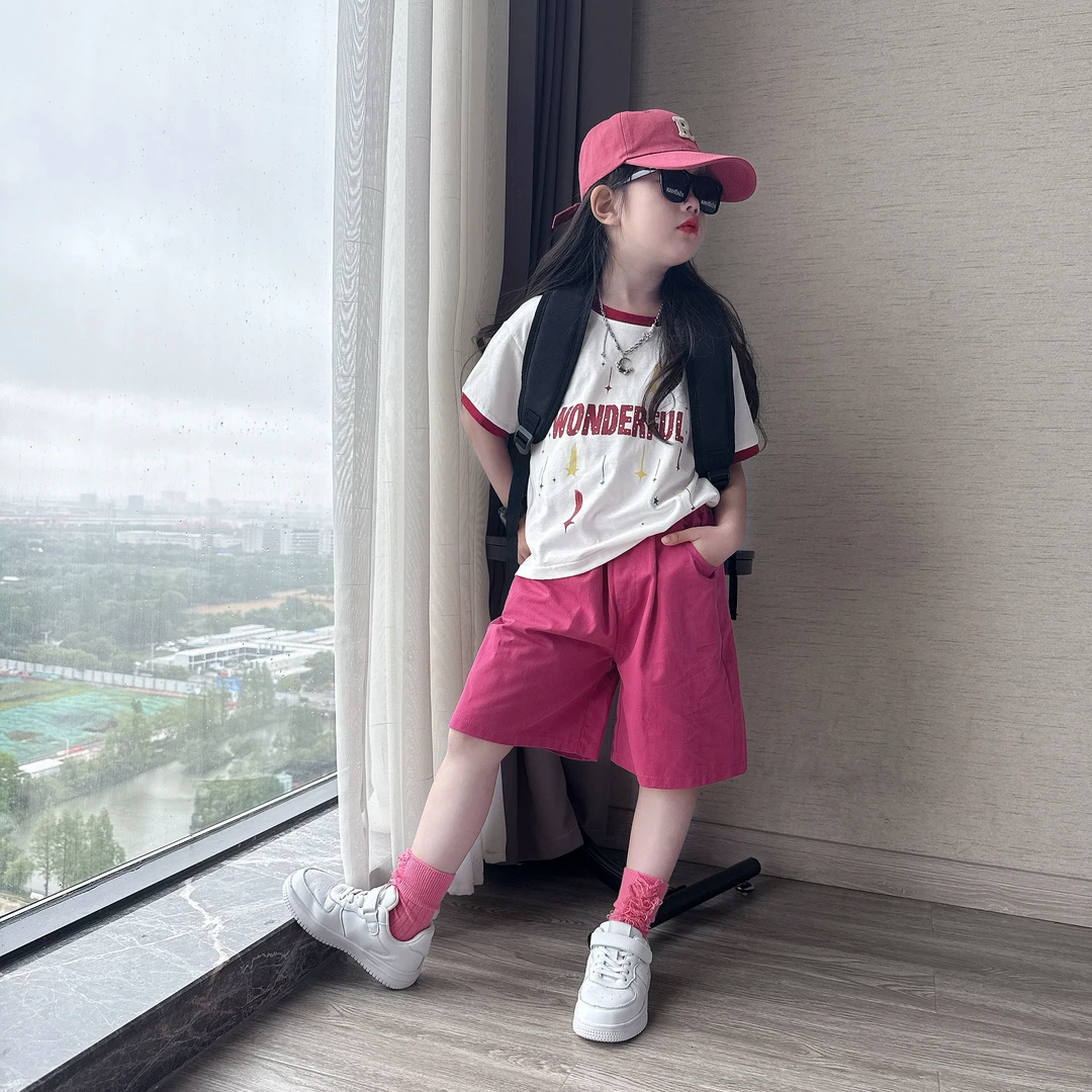 女童夏季套装2025新款中大童韩版洋气T恤时髦休闲运动短裤套装潮